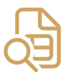 Goldenes Dokumentsymbol mit Lupe, Konturenstil, auf transparentem Hintergrund.